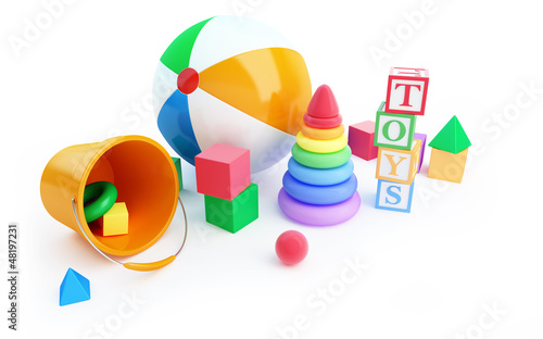 Illustration: toys alphabet cube, beach ball, pyramid toys alphabet cube, beach ball, pyramid