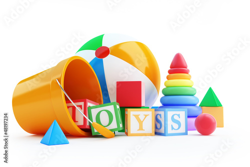 Illustration: toys alphabet cube, beach ball, pyramid toys alphabet cube, beach ball, pyramid