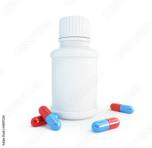 Illustration: White plastic medical container for pills White plastic medical container for pills