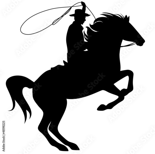 Vector: cowboy throwing lasso riding rearing up horse cowboy throwing lasso riding rearing up horse