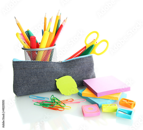 Photo: pencil box with school equipment isolated on white pencil box with school equipment isolated on white