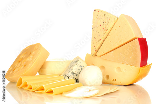Photo: Various types of cheese isolated on white Various types of cheese isolated on white