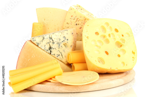 Photo: Various types of cheese isolated on white Various types of cheese isolated on white