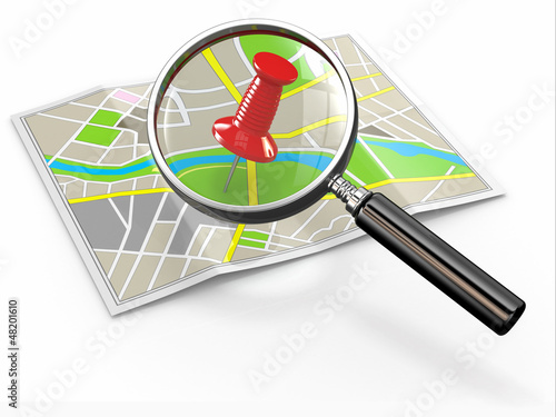 Illustration: Find location. Loupe and thumbtack on map Find location. Loupe and thumbtack on map