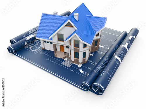 Illustration: Residential house on architect blueprints. Housing project. Residential house on architect blueprints. Housing project.