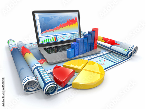 Illustration: Business analyze. Laptop, graph and diagram. Business analyze. Laptop, graph and diagram.
