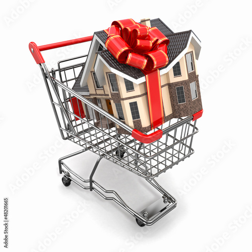 Illustration: House gift with bow in shopping cart House gift with bow in shopping cart