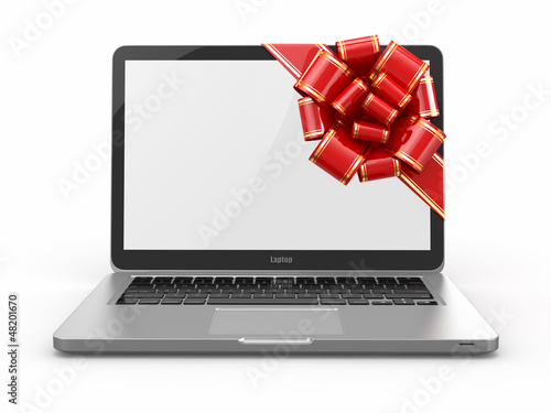 Illustration: Laptop gift. Bow and ribbon on screen Laptop gift. Bow and ribbon on screen