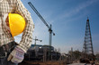 Pile driver  works to set precast concrete piles in a constructi