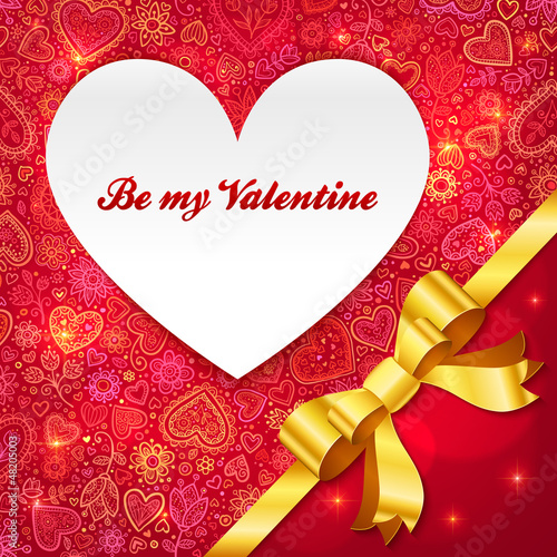 Vector: Valentines day greeting card with heart and golden ribbon Valentines day greeting card with heart and golden ribbon