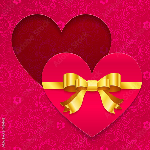 Vector: Valentines day greeting card with heart and golden ribbon Valentines day greeting card with heart and golden ribbon