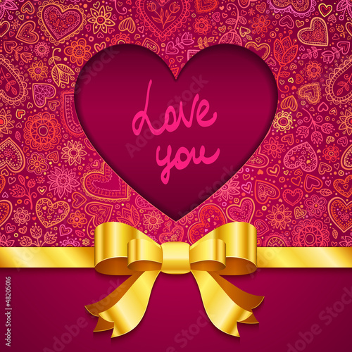 Vector: Valentines day greeting card with heart and golden ribbon Valentines day greeting card with heart and golden ribbon