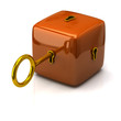 Security concept. Orange cube and golden key.