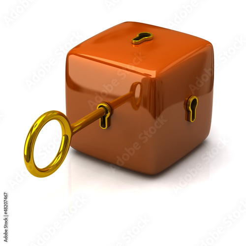 Illustration: Security concept. Orange cube and golden key. Security concept. Orange cube and golden key.