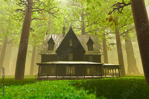Illustration: Scary House in Deep Forest 3D render Scary House in Deep Forest 3D render