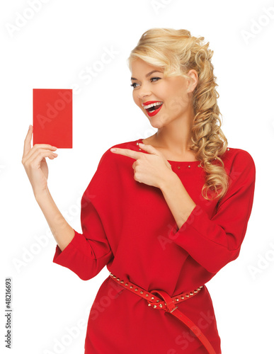 Photo: lovely woman in red dress with note card lovely woman in red dress with note card