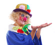 Photo: Joyful female clown costume on a white background Joyful female clown costume on a white background