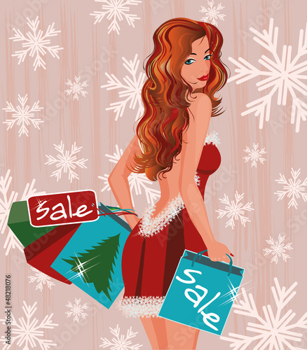 Vector: Winter shopping girl with handbags, vector illustration Winter shopping girl with handbags, vector illustration