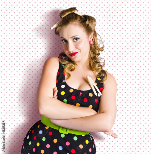 Photo: Pretty Retro Cleaning Lady On Polka Dot Background Pretty Retro Cleaning Lady On Polka Dot Background