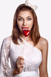 Saint Valentine Day - Happy Funny Women with Red Symbol Heart
