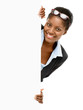 Happy African Anerican businesswoman holding white billbaord iso