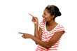 Confident happy African American woman pointing fingers