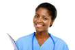 Portrait confident African American female doctor white backgrou