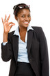 Happy African American business woman okay sign isolated on whit