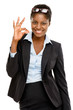 Happy African American business woman okay sign isolated on whit