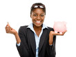 Happy African American business woman holdig piggybank isolated