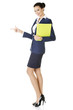 Success business woman pointing on copy space