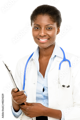 Photo: Happy African American trusted Doctor Woman isolated on white ba Happy African American trusted Doctor Woman isolated on white ba