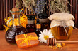 ingredients for soap making on brown background