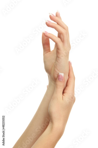 Photo: Beautiful woman hands with french manicure, isolated on white Beautiful woman hands with french manicure, isolated on white