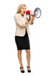 Mature woman holding magaphone shouting isolated on white backgr