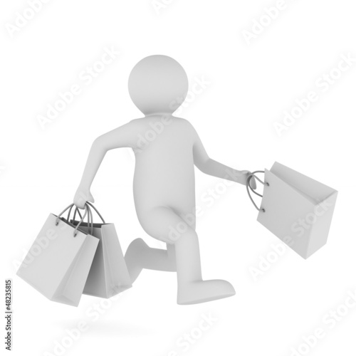 Illustration: Man with shoping bag on white. Isolated 3D image Man with shoping bag on white. Isolated 3D image