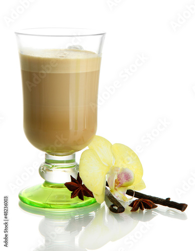 Photo: Fragrant coffee latte in glass cup with vanilla pods isolated Fragrant coffee latte in glass cup with vanilla pods isolated