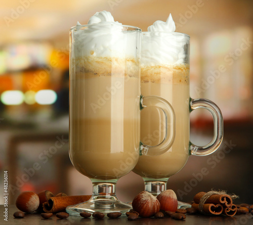 Photo: Fragrant coffee latte in glasses cups with spices, Fragrant coffee latte in glasses cups with spices,