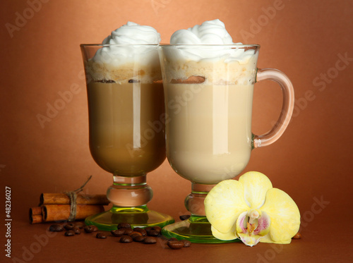 Photo: Fragrant coffee latte in glasses cups with spices, Fragrant coffee latte in glasses cups with spices,