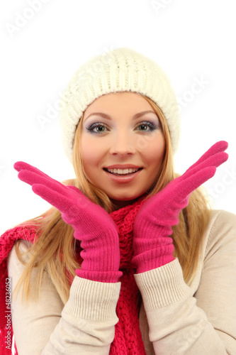 Photo: Young beautiful woman wearing winter clothing, isolated on Young beautiful woman wearing winter clothing, isolated on