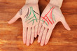 Chiromancy.Color contours on palm, on wooden background