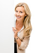 Happy woman holding placard smiling isolated on white background