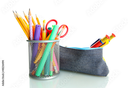 Photo: pencil box with school equipment isolated on white pencil box with school equipment isolated on white