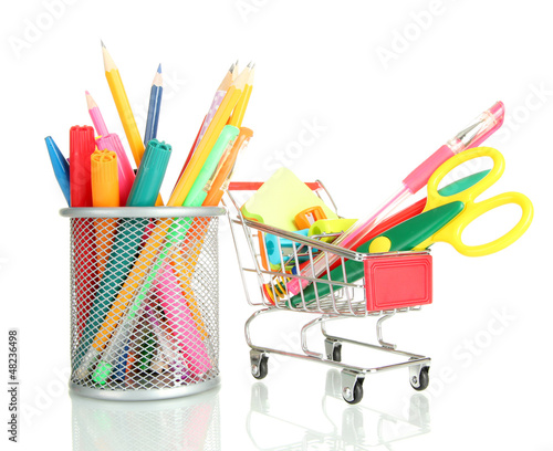 Photo: trolley with school equipment isolated on white trolley with school equipment isolated on white