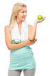 Healthy mature woman exercise green apple isolated on white back