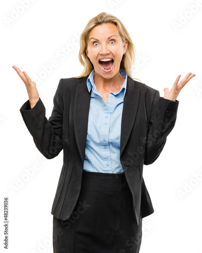 Photo: Happy mature business woman isolated on white background Happy mature business woman isolated on white background