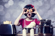Surprised girl with eggs at kitchen.
