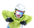 Skifahrer mit verspiegelter Skibrille vor weißem Hintergrund