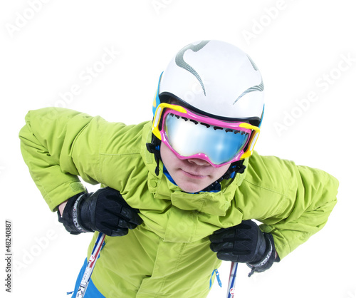 Photo: Skifahrer mit verspiegelter Skibrille vor weißem Hintergrund Skifahrer mit verspiegelter Skibrille vor weißem Hintergrund