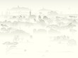Valley with trees and farm in a morning fog.